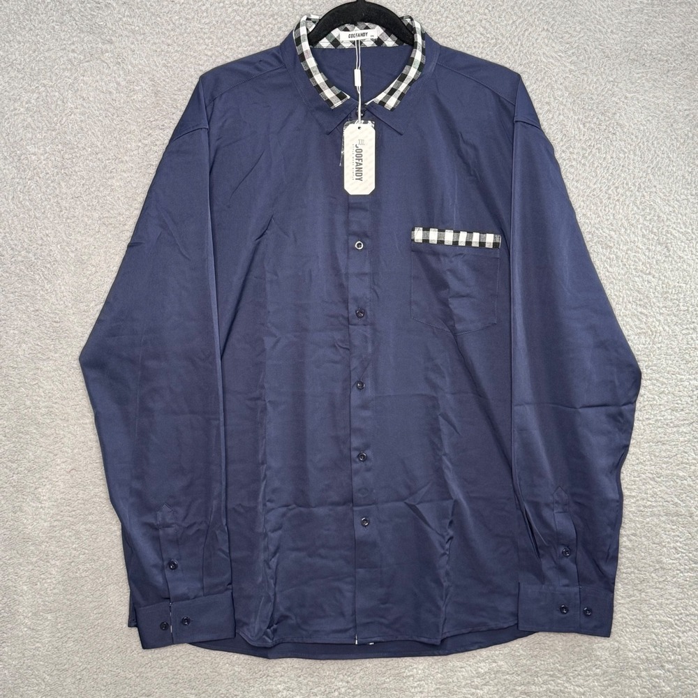 Coofandy Mens 2XL Navy Blue Gingham Trim Button Down Long Sleeve Shirt NWT Snag